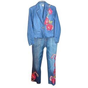 Vintage Canadian Tuxedo Denim Jean Outfit Y2k Floral Embroidered Women 4 Small